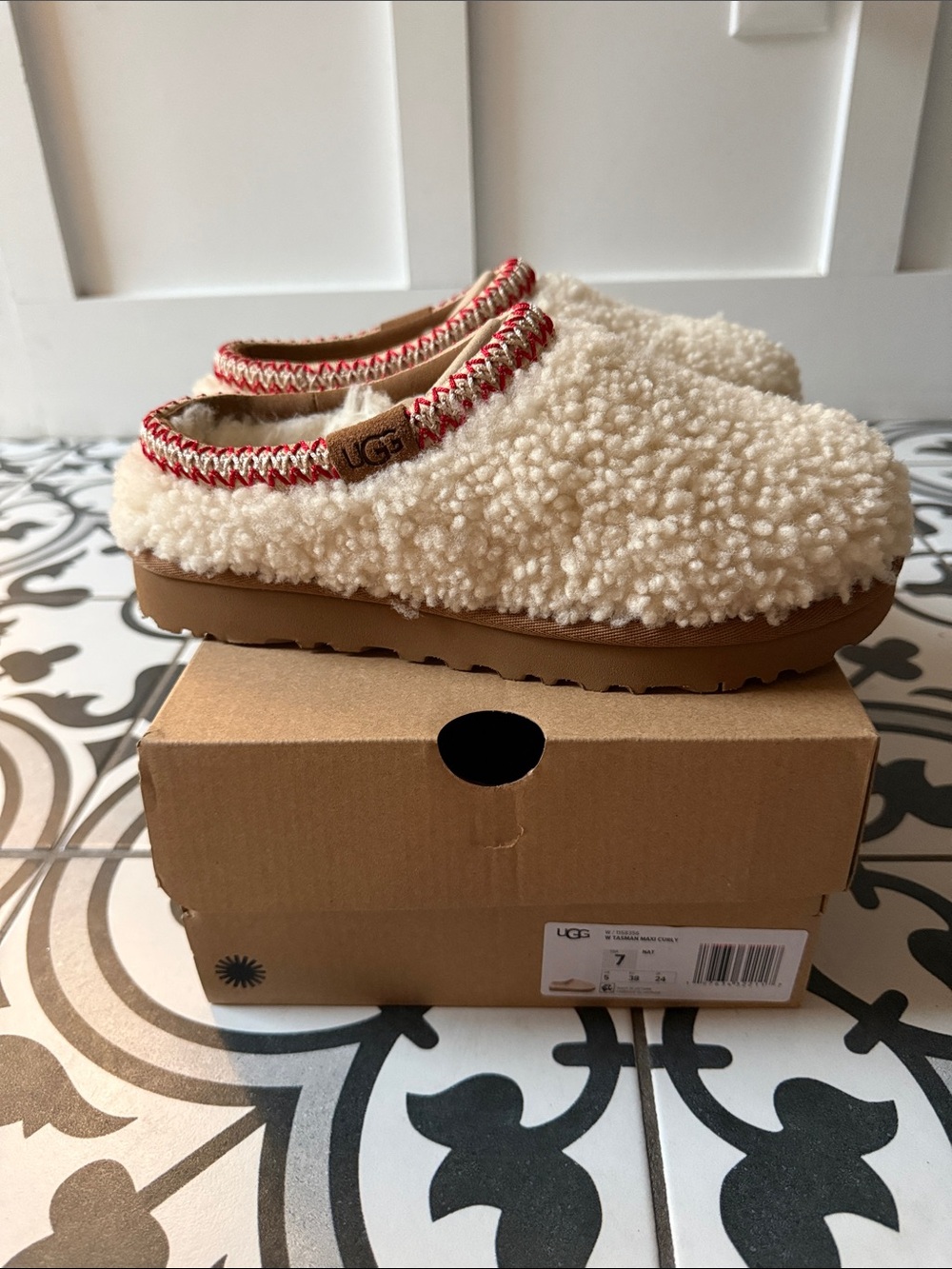 UGG Kids Sherpa Clog with Red Trim - Cream